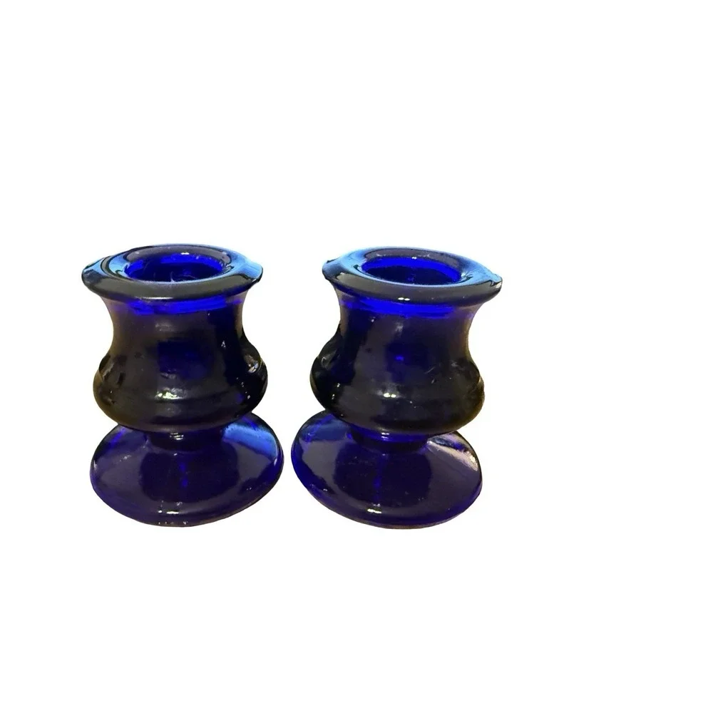 Vtg Short Dark Cobalt Blue Glass Candle Stick Holder Set 2.5